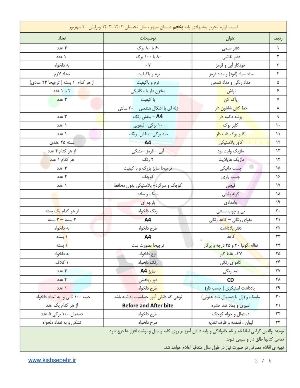 فهرست لوازم التحریر دبستان سپهر 20 شهریور 1403