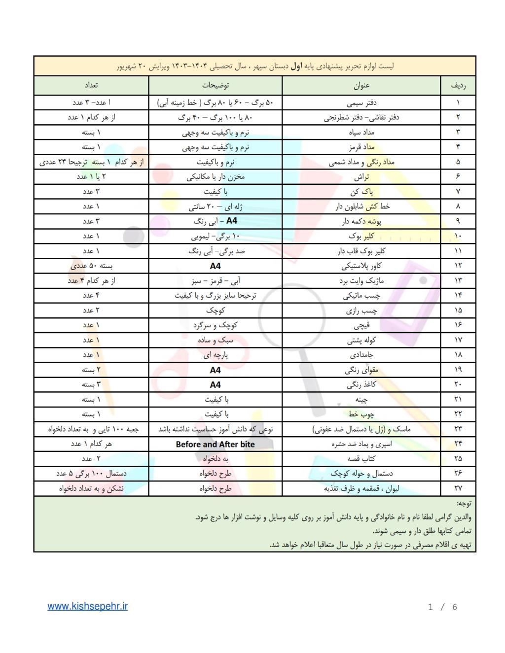 فهرست لوازم التحریر دبستان سپهر 20 شهریور 1403