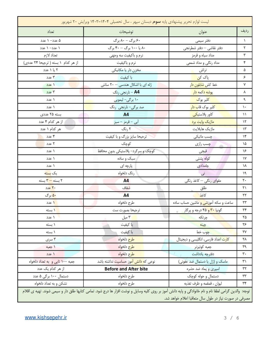 فهرست لوازم التحریر دبستان سپهر 20 شهریور 1403