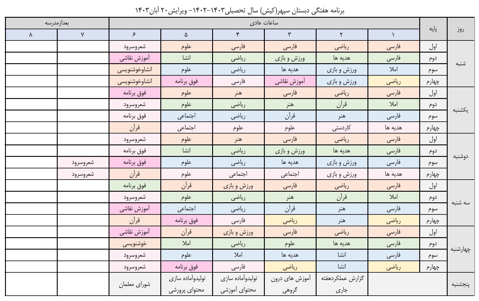 آخرین تغییرات برنامه هفتگی